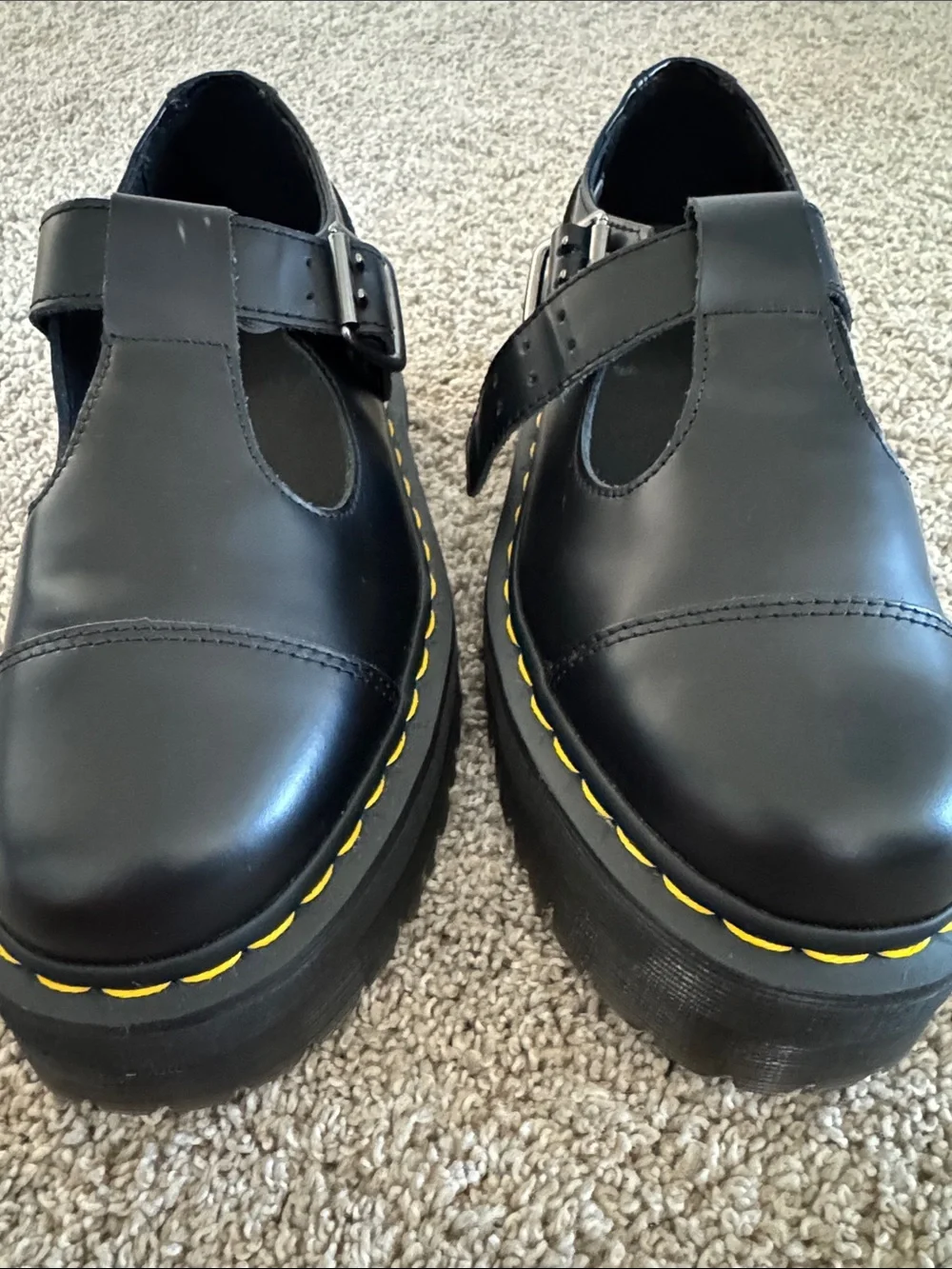 New Dr. Martens Black Mary Jane Platform Shoes with Yellow Stitching